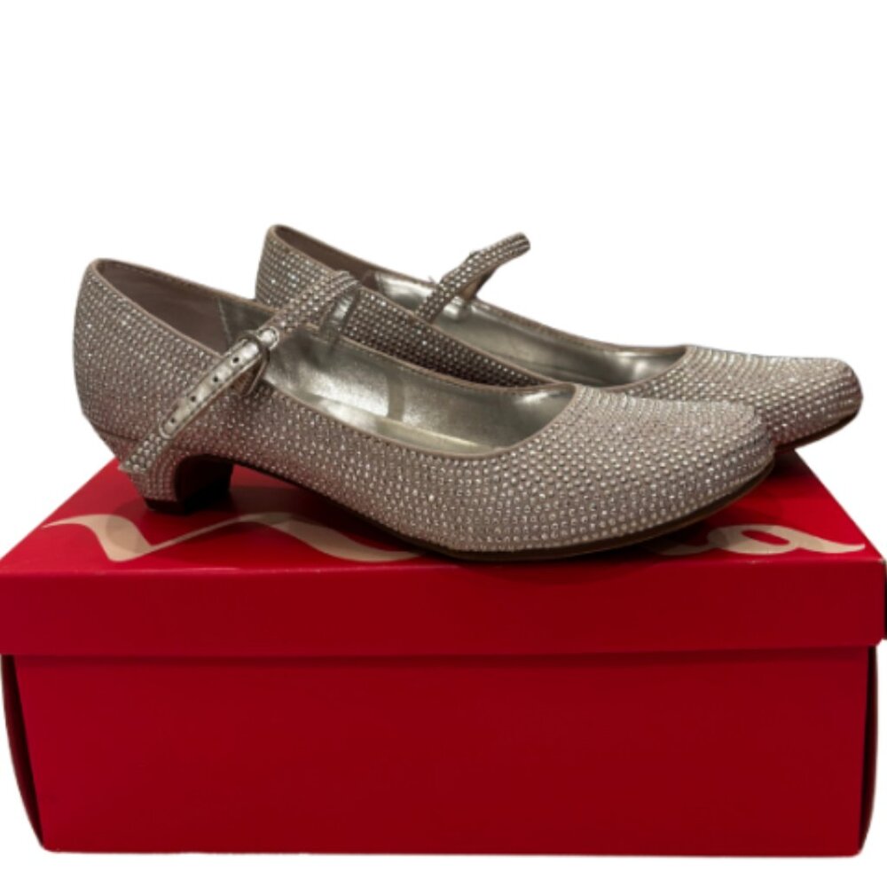 Nina Zelia Girls Silver Satin Mary Jane Dress Shoes